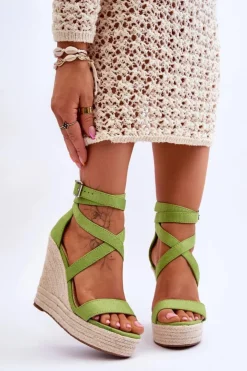Boto Sandały Na Koturnie*Wygodne Sandały Na Wysokim Koturnie Zielone Lemira