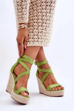 Boto Sandały Na Koturnie*Wygodne Sandały Na Wysokim Koturnie Zielone Lemira