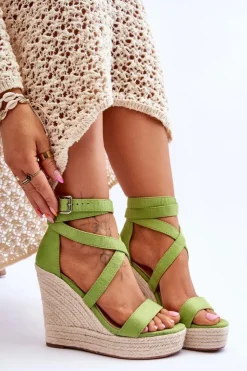 Boto Sandały Na Koturnie*Wygodne Sandały Na Wysokim Koturnie Zielone Lemira