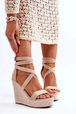 Damskie Boto Wygodne Sandały Na Wysokim Koturnie Beżowe Lemira