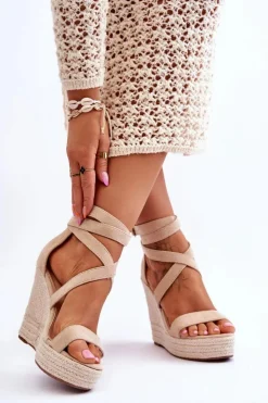 Damskie Boto Wygodne Sandały Na Wysokim Koturnie Beżowe Lemira