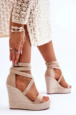 Damskie Boto Wygodne Sandały Na Wysokim Koturnie Beżowe Lemira