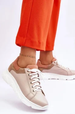 Damskie Boto Wygodne Skórzane Buty Sportowe Na Platformie Beżowe Alisane