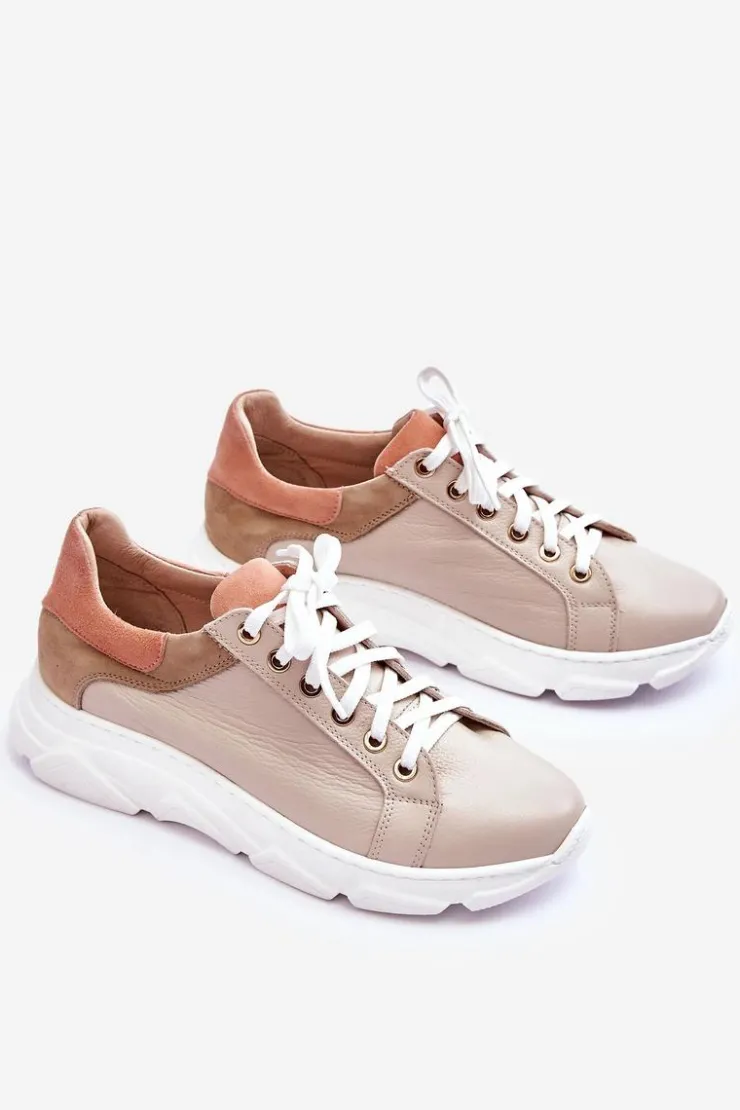 Damskie Boto Wygodne Skórzane Buty Sportowe Na Platformie Beżowe Alisane