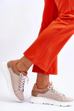 Damskie Boto Wygodne Skórzane Buty Sportowe Na Platformie Beżowe Alisane