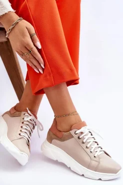 Damskie Boto Wygodne Skórzane Buty Sportowe Na Platformie Beżowe Alisane