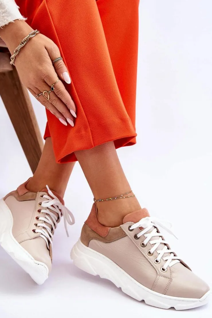 Damskie Boto Wygodne Skórzane Buty Sportowe Na Platformie Beżowe Alisane