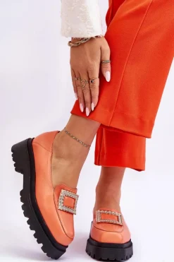 Damskie Boto Wygodne Skórzane Mokasyny Pomarańczowe Agathe