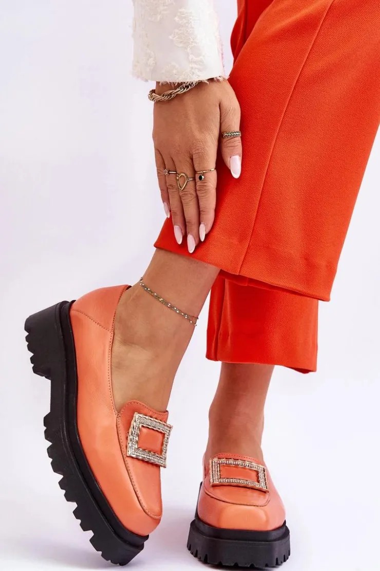 Damskie Boto Wygodne Skórzane Mokasyny Pomarańczowe Agathe