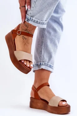 Boto Sandały Na Koturnie*Wygodne Skórzane Sandały Na Koturnie Beżowo-Brązowe Tifena