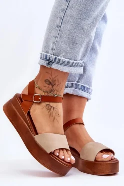 Boto Sandały Na Koturnie*Wygodne Skórzane Sandały Na Koturnie Beżowo-Brązowe Tifena