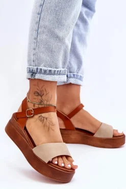 Boto Sandały Na Koturnie*Wygodne Skórzane Sandały Na Koturnie Beżowo-Brązowe Tifena