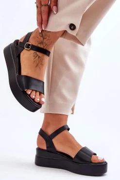 Damskie Boto Wygodne Skórzane Sandały Na Koturnie Czarne Tifena