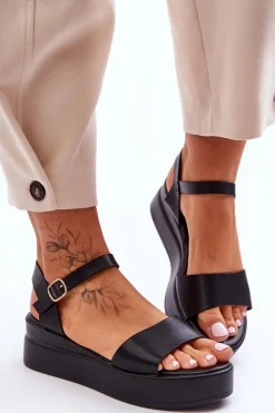 Damskie Boto Wygodne Skórzane Sandały Na Koturnie Czarne Tifena