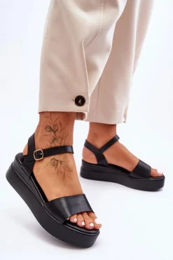 Damskie Boto Wygodne Skórzane Sandały Na Koturnie Czarne Tifena