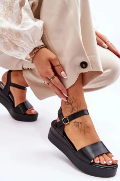 Damskie Boto Wygodne Skórzane Sandały Na Koturnie Czarne Tifena