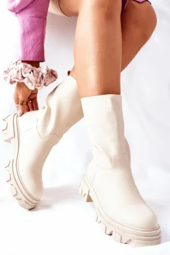 Damskie Damskie buty S.Barski Wysokie Botki Na Traperze Beżowe Loren