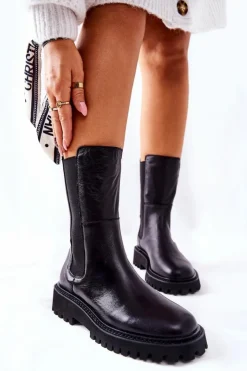 Big Star Shoes Czarne Botki|Botki Zimowe Damskie*Wysokie Botki Sztyblety Big Star II274416 Czarne