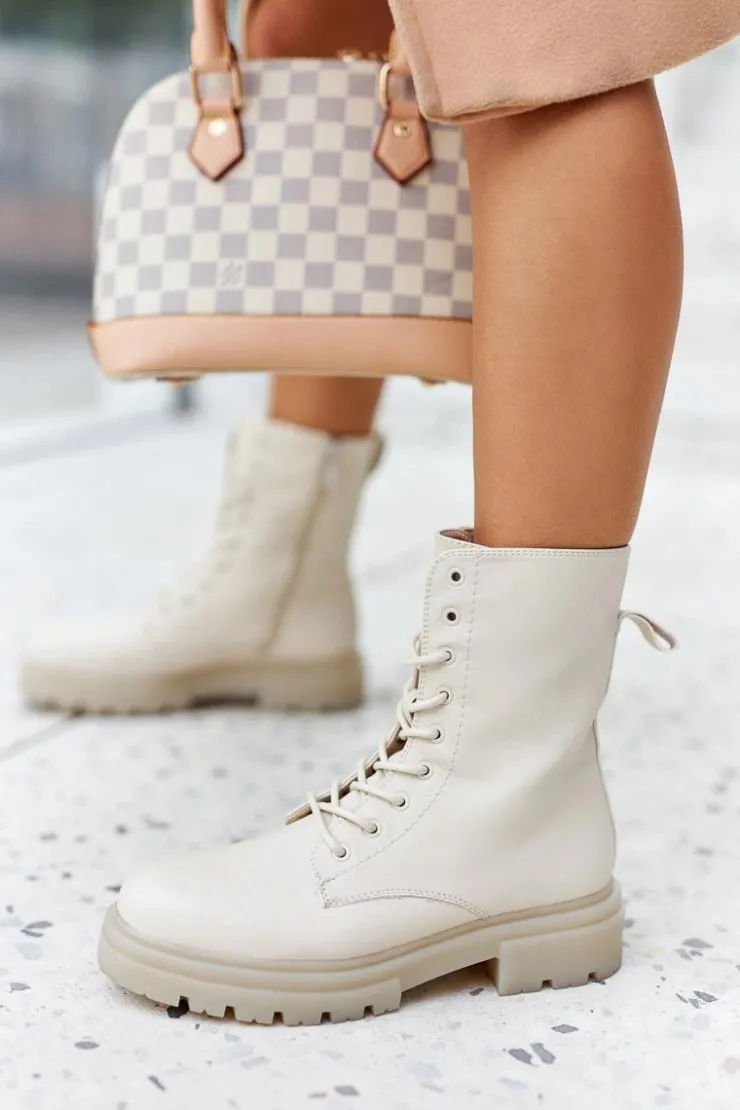 Boto Botki Sznurowane|Botki Zimowe Damskie*Wysokie Botki Workery Beżowe Rozelle Beżowy