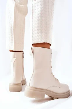 Boto Botki Sznurowane|Botki Zimowe Damskie*Wysokie Botki Workery Beżowe Rozelle Beżowy