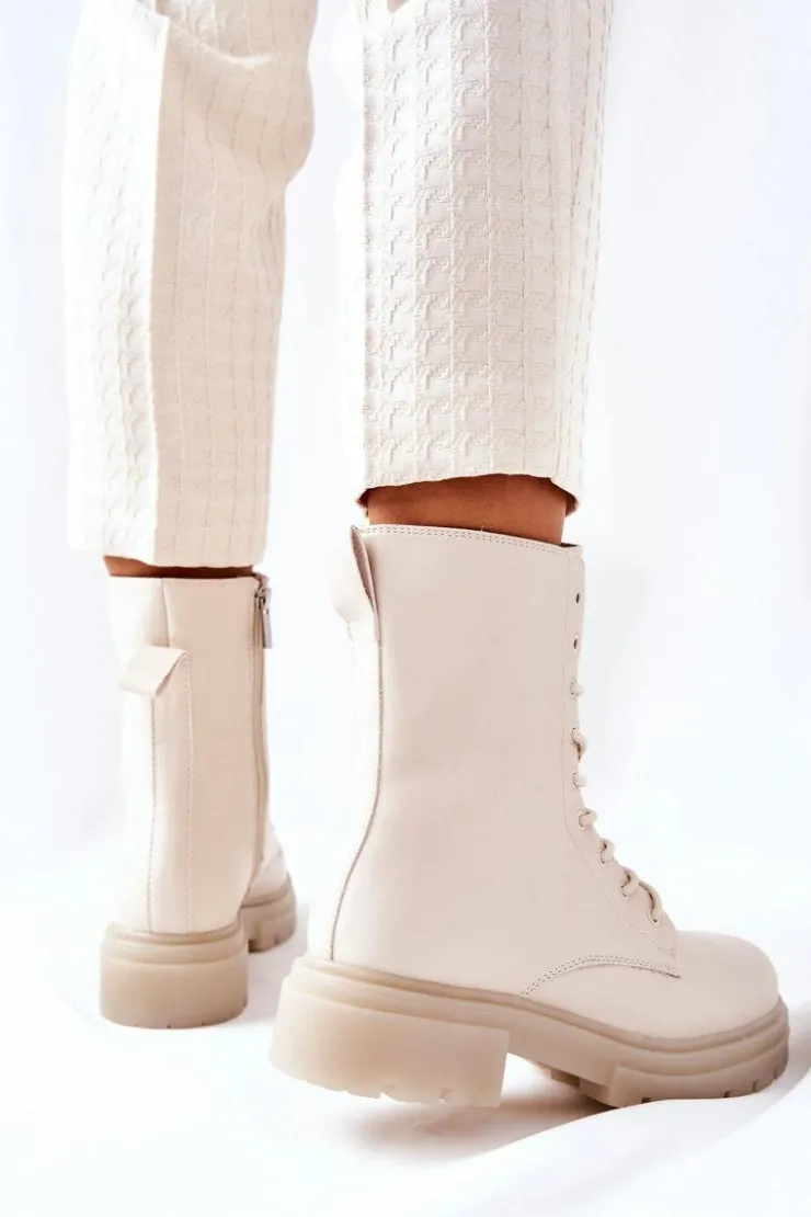 Boto Botki Sznurowane|Botki Zimowe Damskie*Wysokie Botki Workery Beżowe Rozelle Beżowy