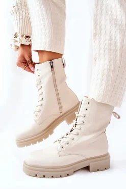 Boto Botki Sznurowane|Botki Zimowe Damskie*Wysokie Botki Workery Beżowe Rozelle Beżowy