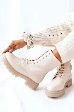 Boto Botki Sznurowane|Botki Zimowe Damskie*Wysokie Botki Workery Beżowe Rozelle Beżowy