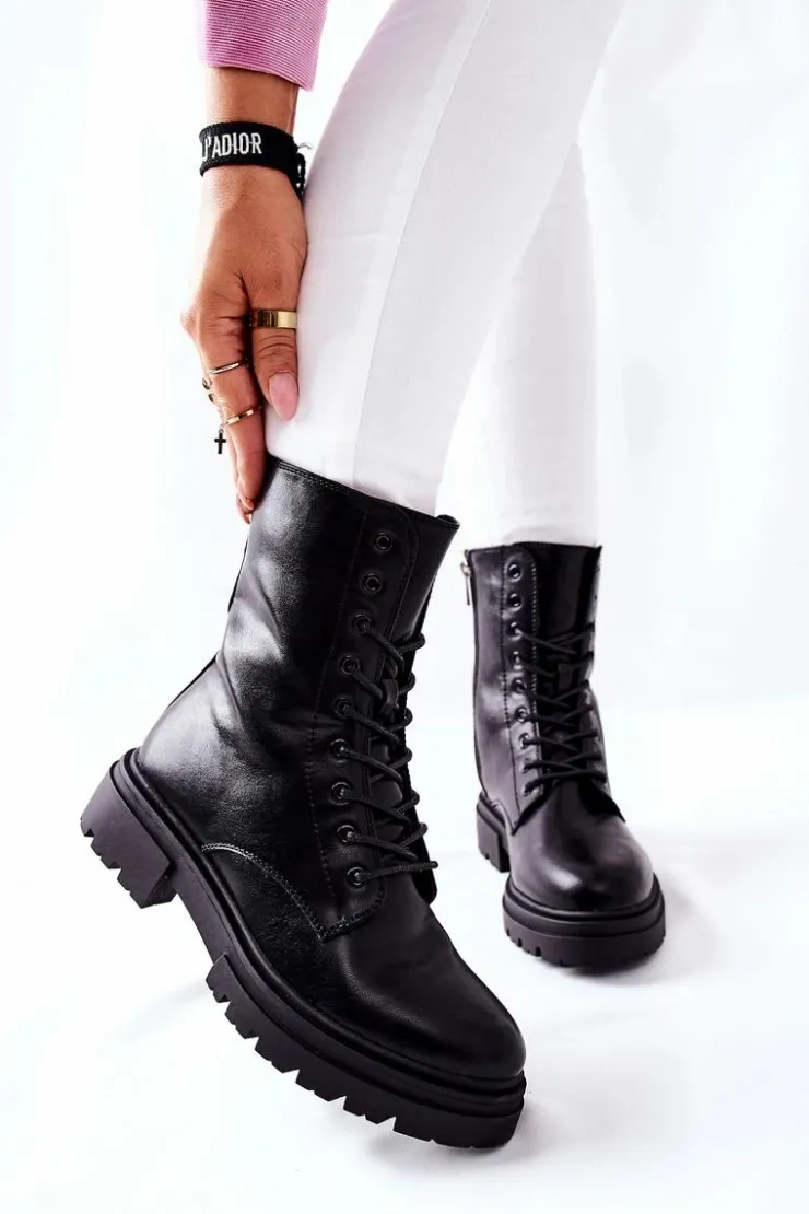 Boto Botki Sznurowane|Czarne Botki*Wysokie Botki Workery Czarne Rozelle