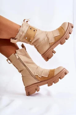 Discount Boto Wysokie Botki Workery Na Suwak Ciemnobeżowe Nerisa