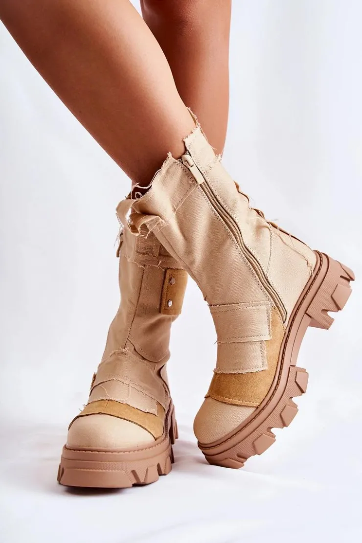 Discount Boto Wysokie Botki Workery Na Suwak Ciemnobeżowe Nerisa