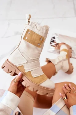 Boto Wysokie Botki Workery Na Suwak Beżowe Nerisa