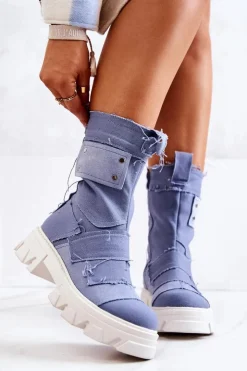 Damskie Boto Wysokie Botki Workery Na Suwak Niebieskie Nerisa