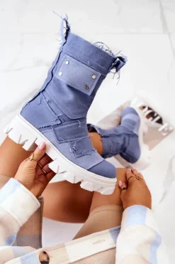 Damskie Boto Wysokie Botki Workery Na Suwak Niebieskie Nerisa