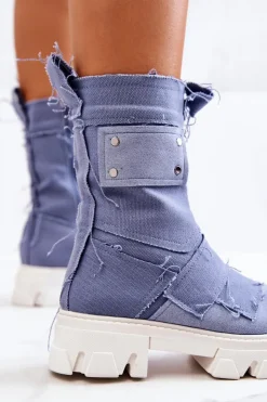 Damskie Boto Wysokie Botki Workery Na Suwak Niebieskie Nerisa