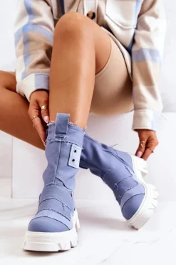 Damskie Boto Wysokie Botki Workery Na Suwak Niebieskie Nerisa