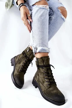 Evento Botki Ocieplane|Botki Sznurowane*Wysokie Botki Workery Z Suwakami Zielone Maisa
