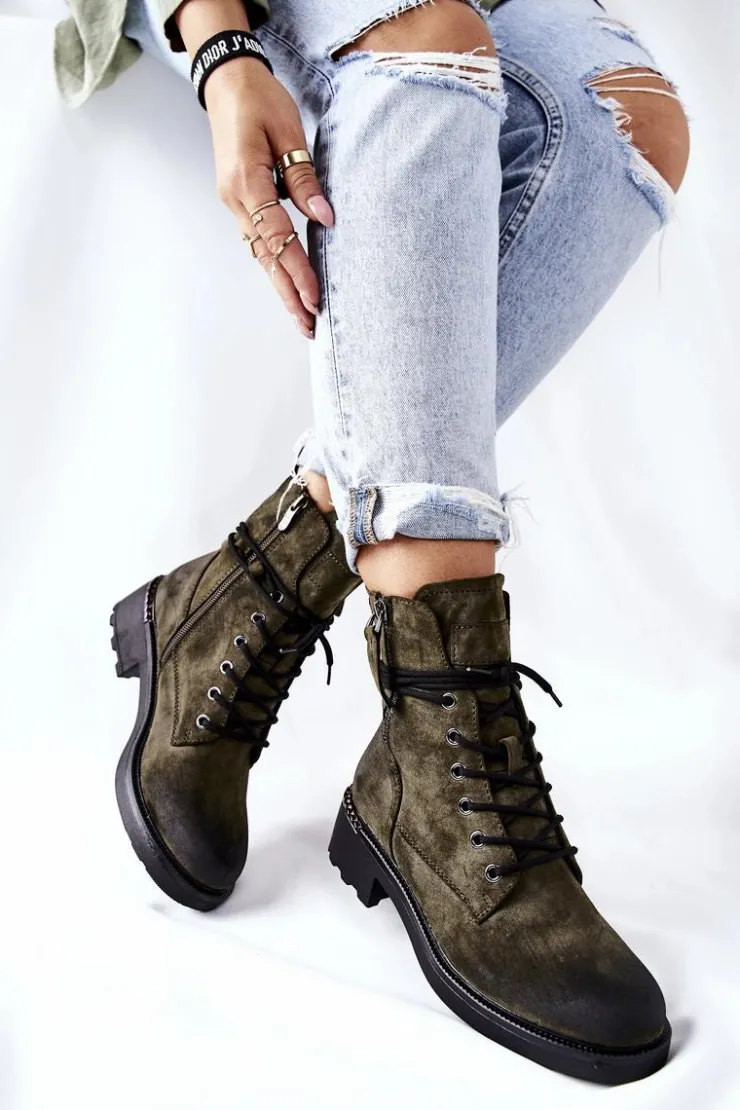 Evento Botki Ocieplane|Botki Sznurowane*Wysokie Botki Workery Z Suwakami Zielone Maisa