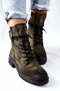 Evento Botki Ocieplane|Botki Sznurowane*Wysokie Botki Workery Z Suwakami Zielone Maisa