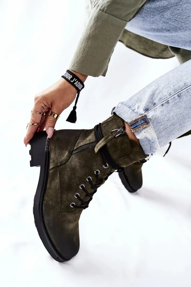 Evento Botki Ocieplane|Botki Sznurowane*Wysokie Botki Workery Z Suwakami Zielone Maisa