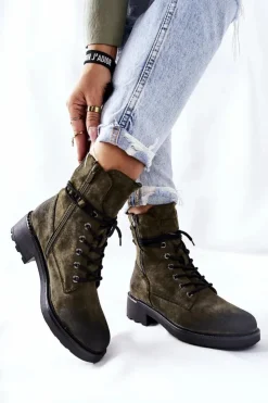 Evento Botki Ocieplane|Botki Sznurowane*Wysokie Botki Workery Z Suwakami Zielone Maisa