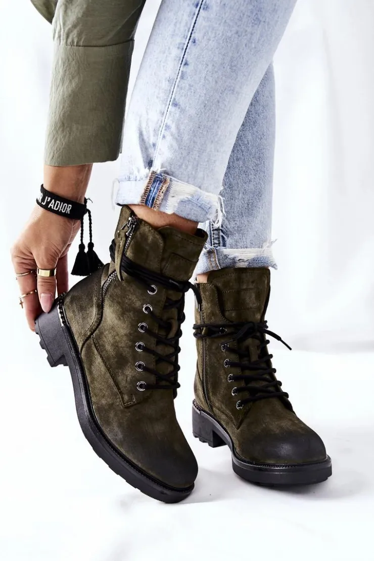 Evento Botki Ocieplane|Botki Sznurowane*Wysokie Botki Workery Z Suwakami Zielone Maisa