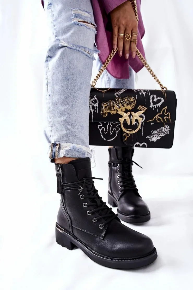 Evento Botki Ocieplane|Botki Sznurowane*Wysokie Botki Workery Z Suwakami Czarne Maisa