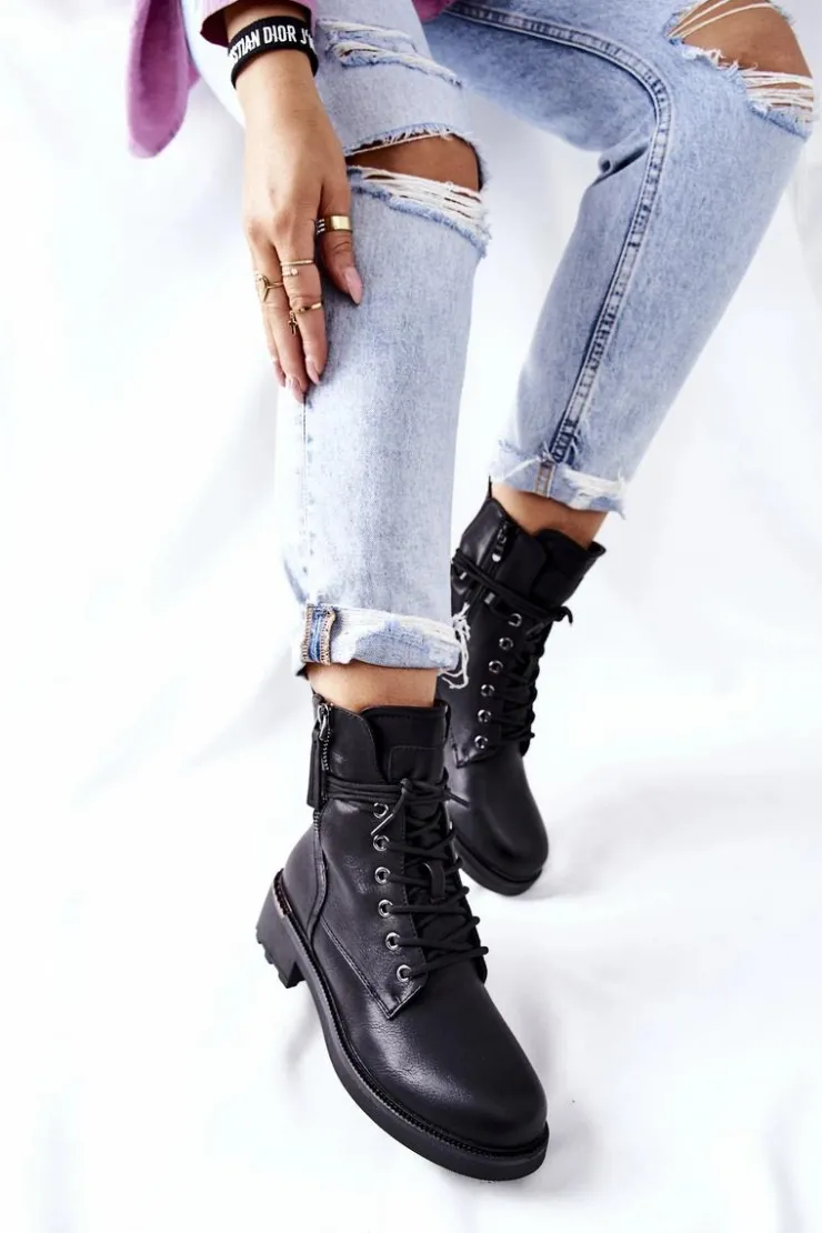 Evento Botki Ocieplane|Botki Sznurowane*Wysokie Botki Workery Z Suwakami Czarne Maisa