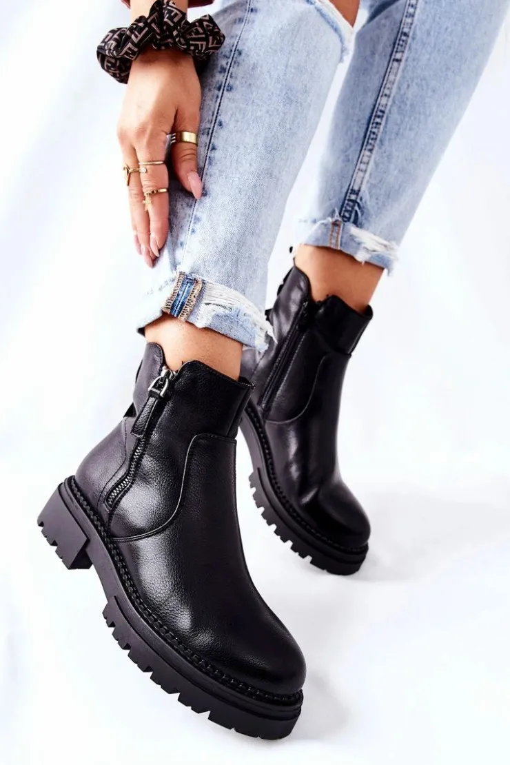 Evento Czarne Botki|Botki Zimowe Damskie*Wysokie Botki Z Suwakami Czarne Silvan