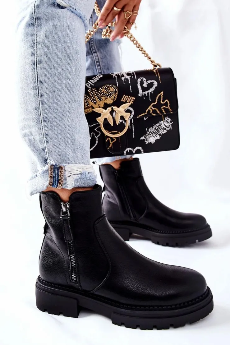 Evento Czarne Botki|Botki Zimowe Damskie*Wysokie Botki Z Suwakami Czarne Silvan