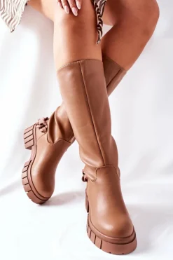 Boto Kozaki Ocieplane|Kozaki Płaskie*Wysokie Brązowe Kozaki z Łańcuchem Teardown Brązowy