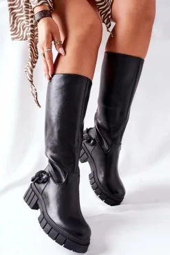Damskie Boto Wysokie Czarne Kozaki z Łańcuchem Teardown
