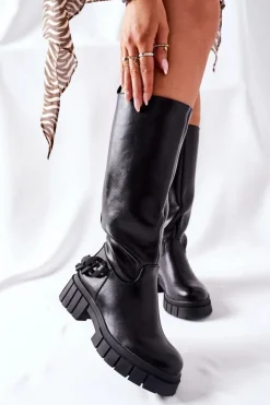 Damskie Boto Wysokie Czarne Kozaki z Łańcuchem Teardown