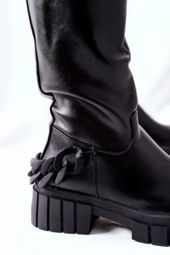 Damskie Boto Wysokie Czarne Kozaki z Łańcuchem Teardown