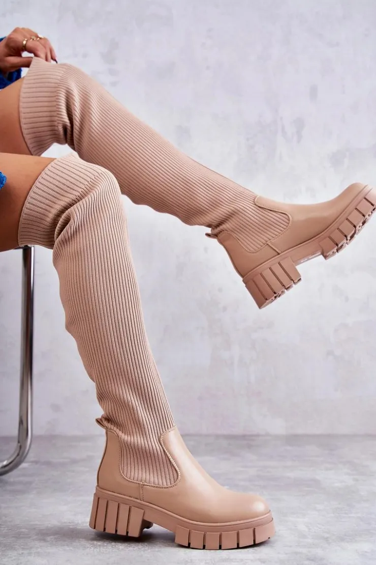Boto Muszkieterki|Kozaki Wiosenne*Wysokie Damskie Kozaki Za Kolano Beżowe Austin Beżowy